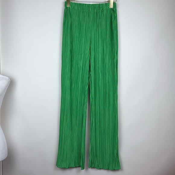 2 Piece Set Pleated Long Sleeve Loose Fit Button Down Shirt Wide Leg Pants Green - Picture 9 of 12